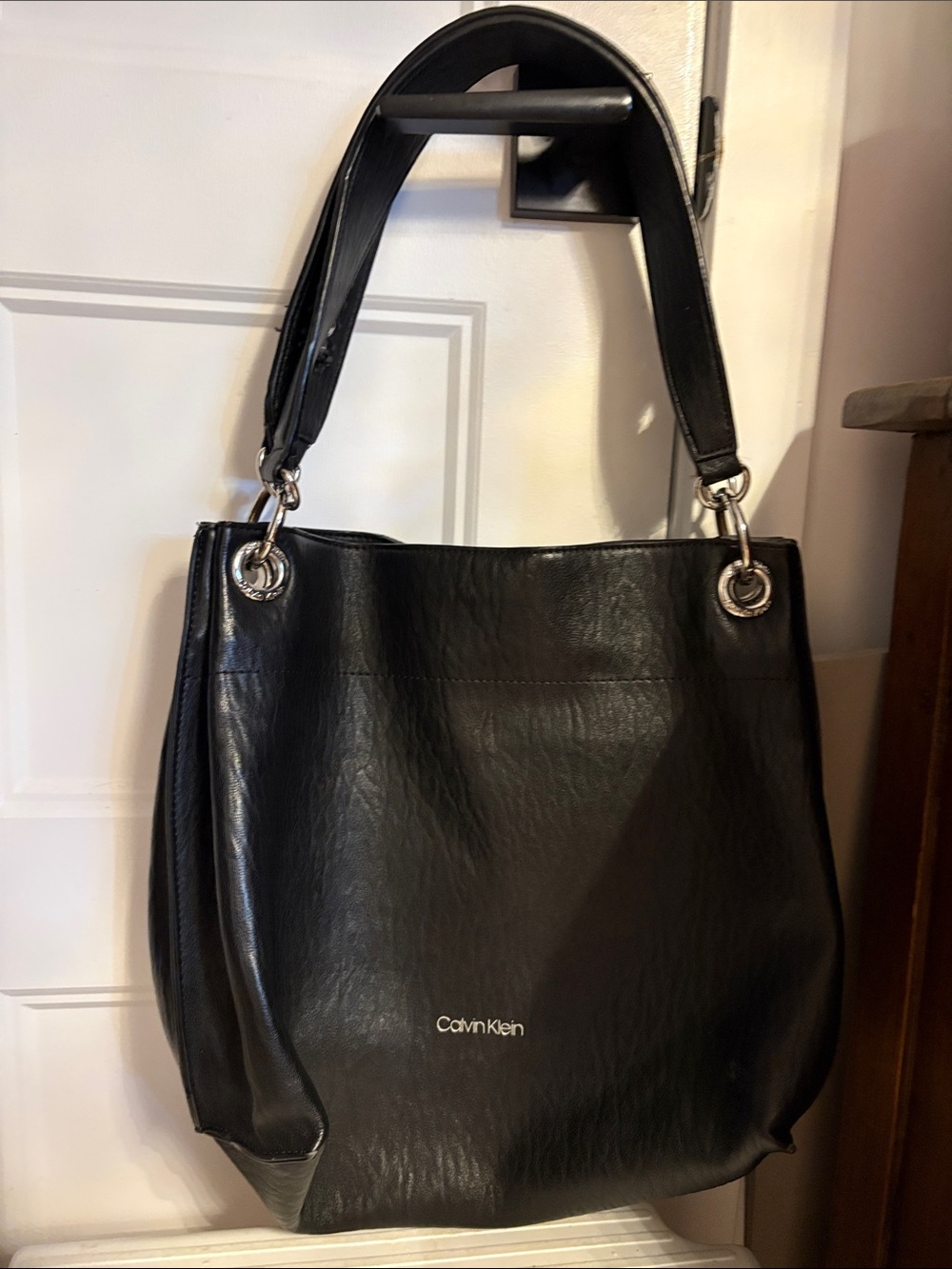 Calvin Klein Black Shoulder Tote with Silver Hardware